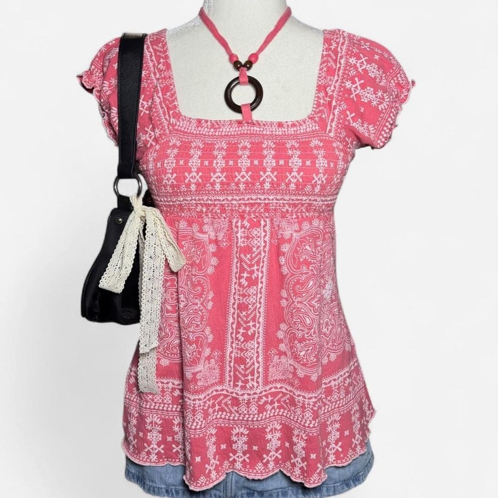 Vintage Fairycore Boho Pink Paisley Smocked O-Ring Halter Top M